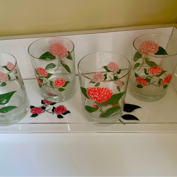 Camellia highball glasses and matching acrylic tray. American Camellia Society. - Picture 1 of 4